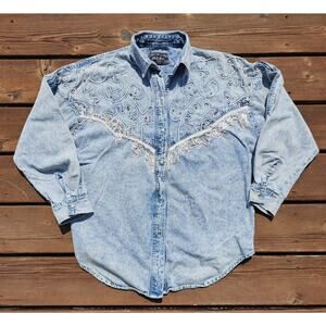Vintage Next Move Denim Fringe Embellished Beaded Cowgirl Rodeo Shirt Womens